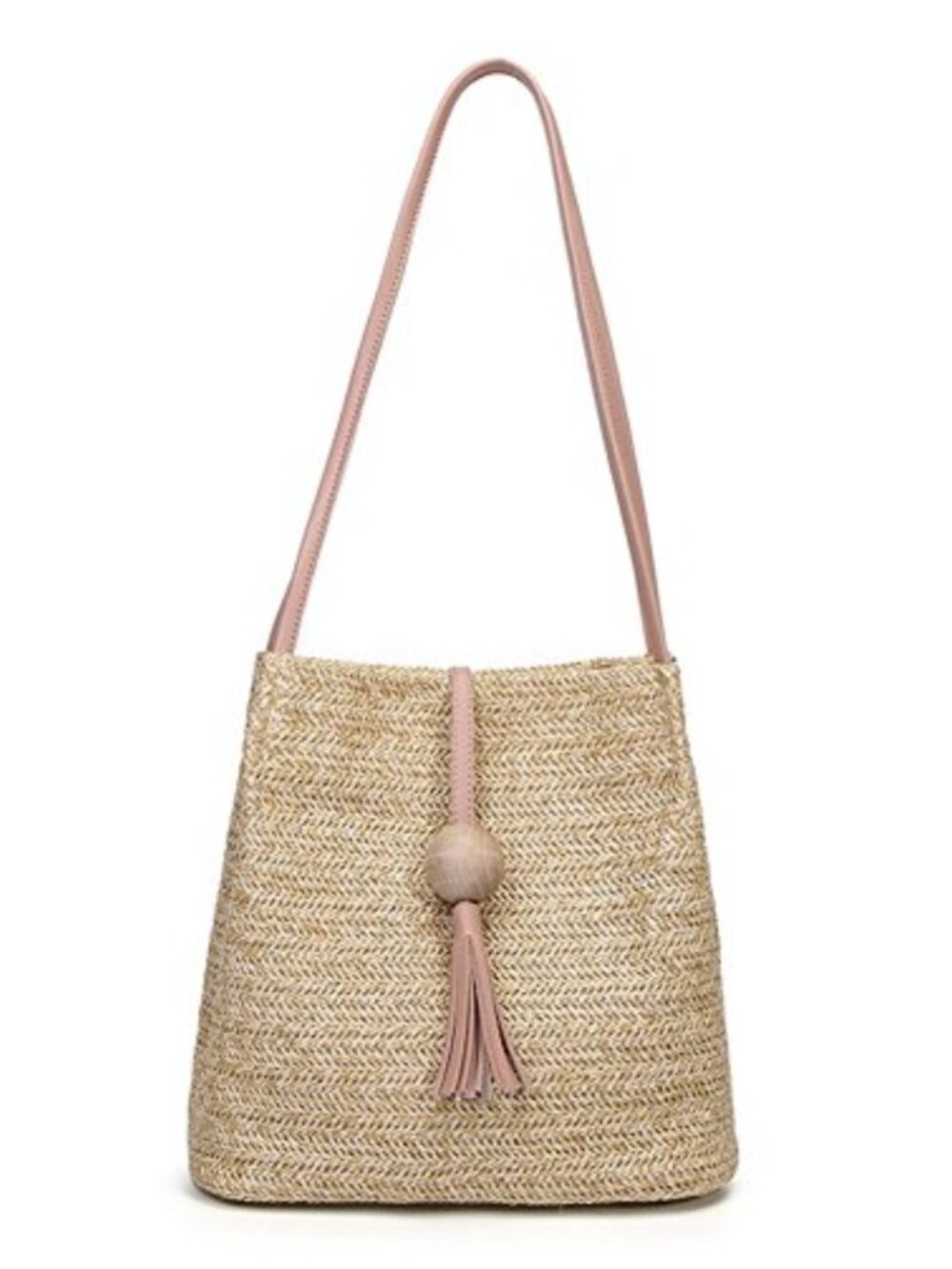 Women's Straw Bucket Tote Handbag with Tassel Shoulder Bag Summer Beach